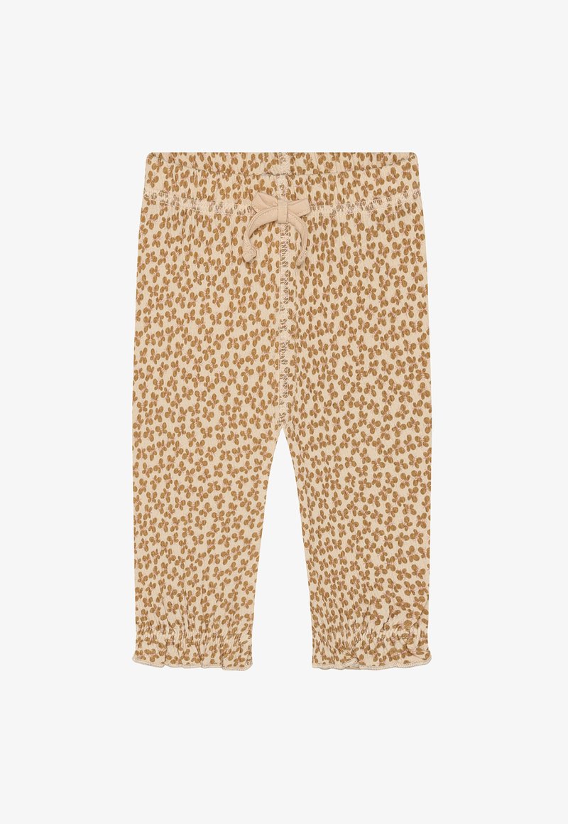 Leggings pour bébé beige avec imprimé floral marron, taille élastique, nœud à l'avant et ourlets à volants.