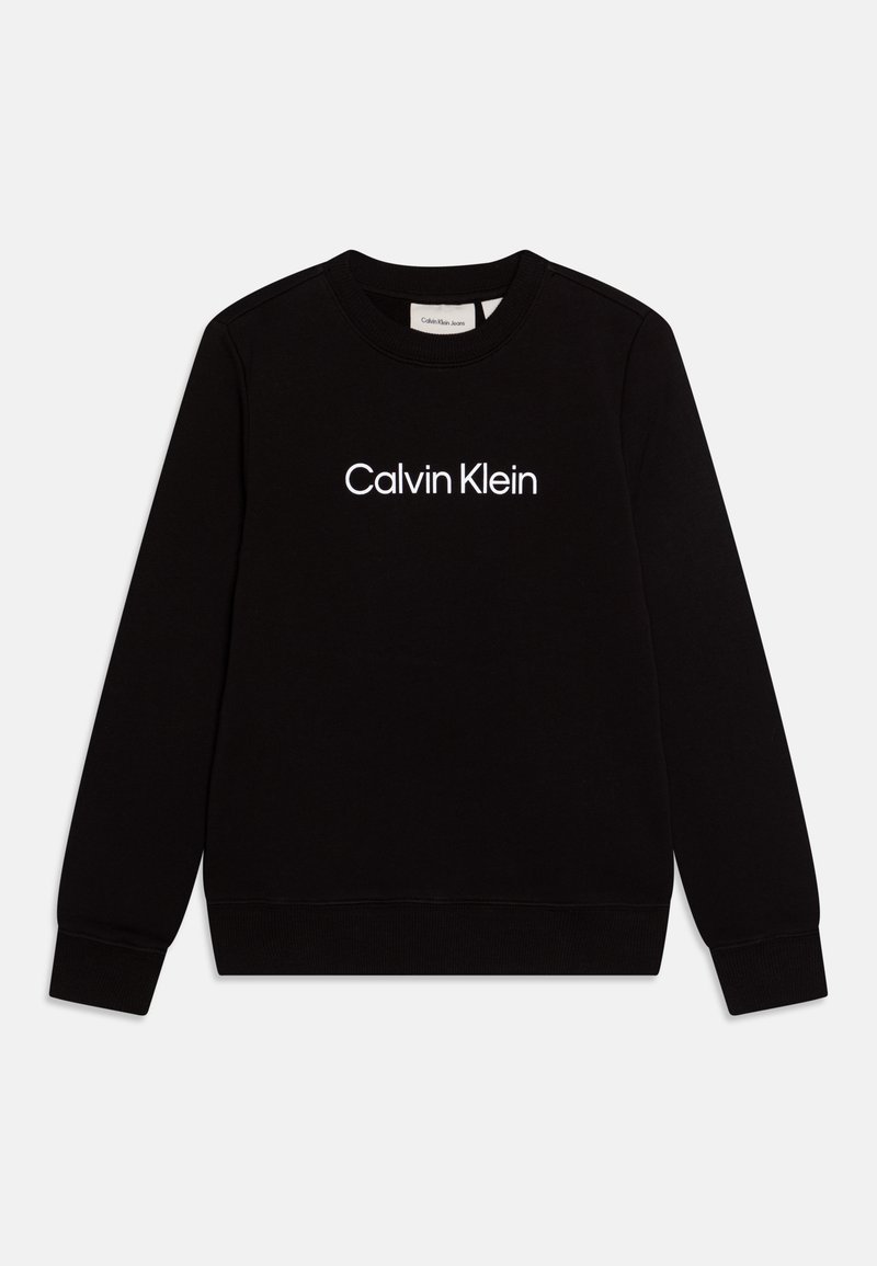 Sudadera negra de tejido de mezcla de algodón con cuello redondo y mangas largas. Logo blanco de "Calvin Klein" centrado en el frente.