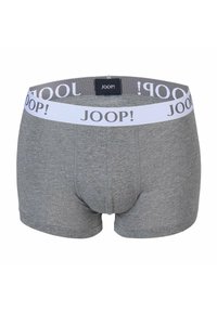 Graue Boxer mit weißem Bund, auf dem das "JOOP!"-Logo prangt. Hergestellt aus weichem Stoff, mit glatter Textur und figurbetontem Schnitt.