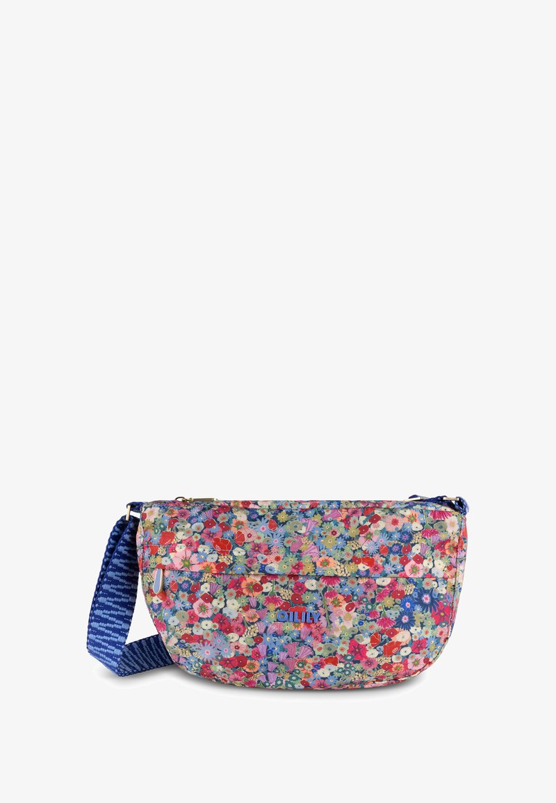 Bloemrijke schoudertas met een kleurrijk patroon, van stof en een verstelbare blauwe gestreepte band. Voorzien van een ritsluiting en een logo.