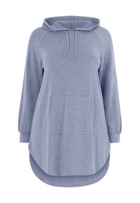 Lichtblauwe hoodie met lange mouwen, voorzien van een voorzak, raglanmouwen, een trekkoordkap en een gebogen zoom. Zachte stofstructuur, casual ontwerp.