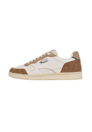 Low-top sneaker with white leather and tan suede accents, white laces, and a "FAGUO" logo on the side.