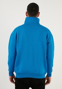 Sudadera de felpa azul con un cuello alto, puños acanalados y dobladillo. El diseño presenta un ajuste relajado y una textura suave, vista desde la parte de atrás.