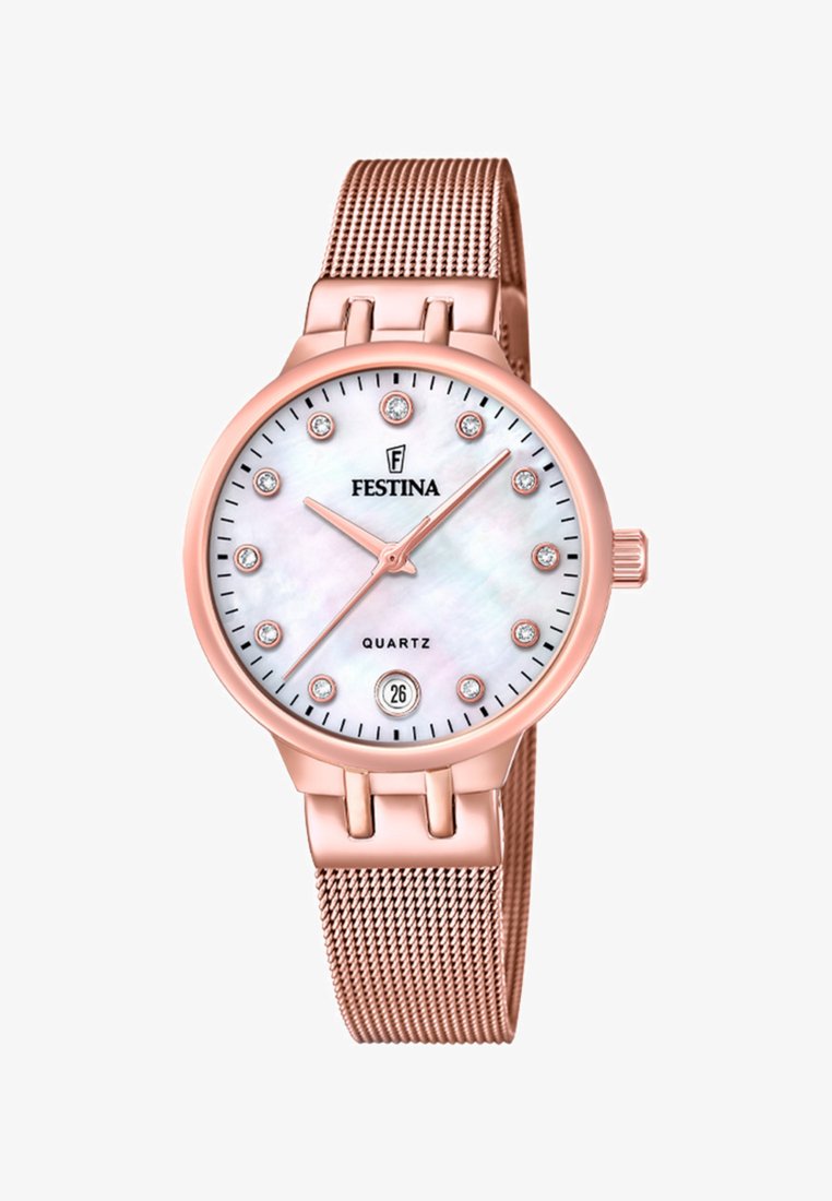 Festina kvarčni ura z rožnato zlatim kovinskim pasom, okroglo številčnico iz biserastega materiala in kristalnimi oznakami ur. Ima prikaz datuma ob 6. uri.