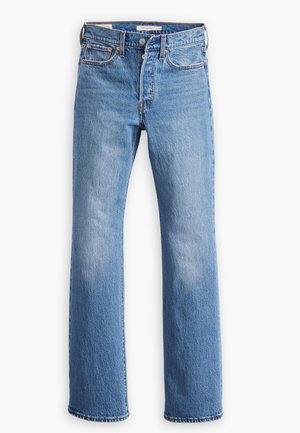 Blauwe denim spijkerbroek met een rechte pijpdesign, heeft een hoge taille, klassieke vijf-pocket styling en duidelijke vervaging op de bovenbenen.