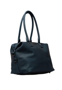 Navy leren tote bag met dubbele hengsels, ritsluiting en subtiele stiksels. Bevat een zijvak en metalen hardware accenten.
