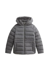Chaqueta de plumas gris con patrón acolchado, capucha y dos bolsillos laterales. Presenta un cierre frontal con cremallera y un forro interior suave y texturizado.