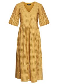 Gul ögla midi-klänning med v-ringning, korta ärmar, knapprad fram och rynkad midja, med en texturerad, perforerad design.