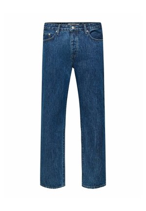 Jean bleu en denim pour homme, coupe droite, fermeture avant par boutons et zip, passants de ceinture et poches avant.
