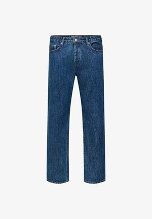 Jean bleu en denim pour homme, coupe droite, fermeture avant par boutons et zip, passants de ceinture et poches avant.