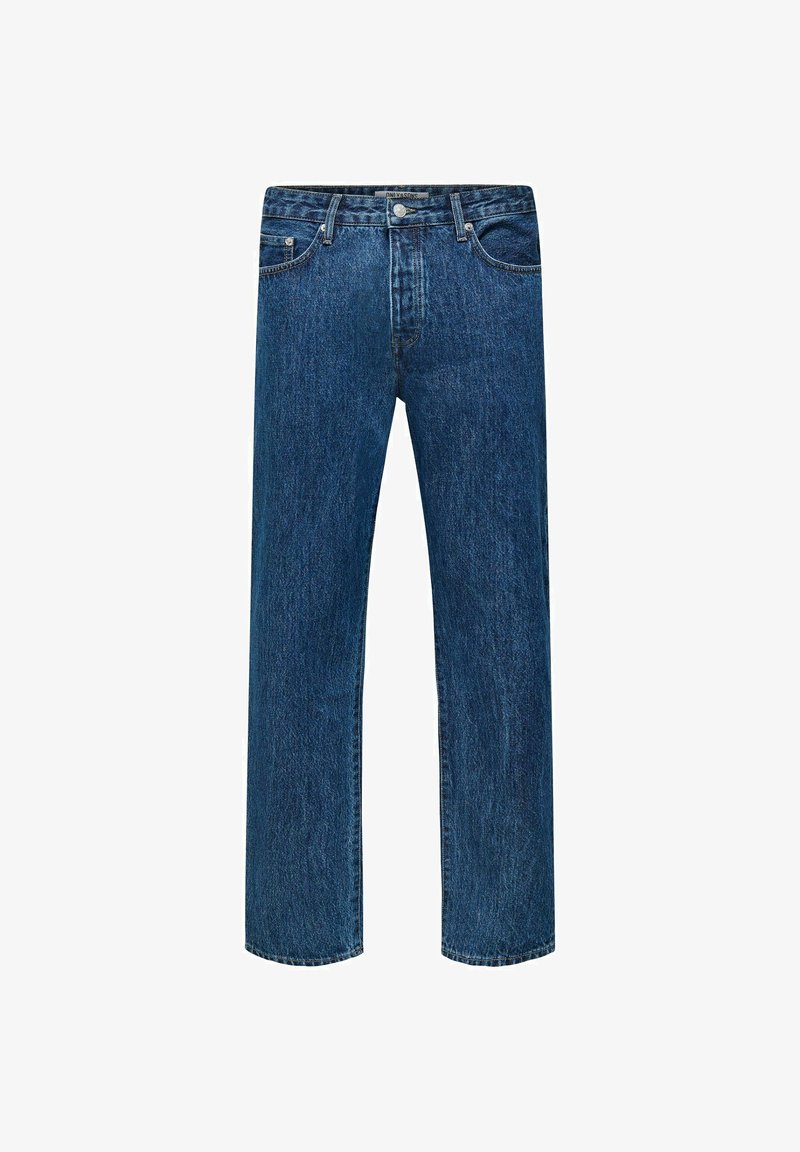 Jean bleu en denim pour homme, coupe droite, fermeture avant par boutons et zip, passants de ceinture et poches avant.