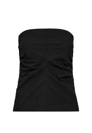Čierny top bez ramienok vyrobený z textúrovanej tkaniny, s nariasenými detailmi po stranách a rovnakým výstrihom. Hladká, priliehavá silueta.