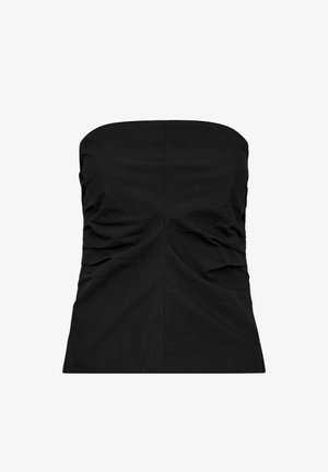 Fekete, pánt nélküli top texturált anyagból, oldalán ráncolt részletekkel és egyenes dekoltázzsal. Sima, testhezálló sziluett.