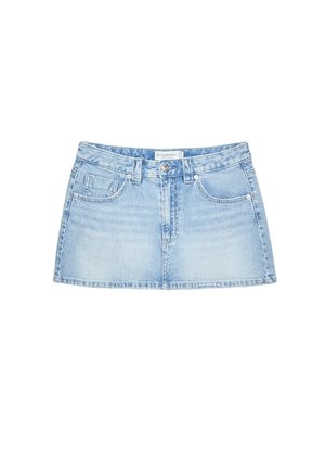 Hellblaue Jeans-Minirock mit vorderer Knopfleiste, Reißverschluss, Gürtelschlaufen, zwei Fronttaschen und ausgewaschenen Wascheffekten.