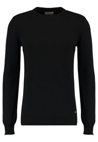 Schwarzer Strickpullover mit langen Ärmeln und Rundhalsausschnitt. Mit gerippten Bündchen und Saum, glatter Textur und einem kleinen Logoakzent.