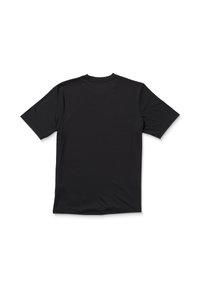 Czarny T-shirt z krótkim rękawem i okrągłym dekoltem, wykonany z gładkiego materiału, o prostym designie bez wzorów czy akcentów.