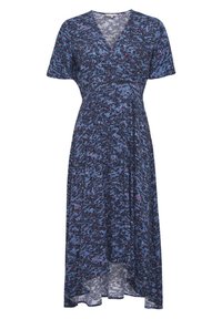 Modré zavinovací šaty s krátkými rukávy, které mají strukturovaný vzor v tmavě modré, světle modré a náznaky růžové. Délka po kolena s lehce asymetrickým zakončením.