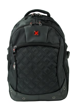 Black backpack made of textured fabric with diamond pattern, featuring multiple zippers, a hidden front pocket, and red logo accents.