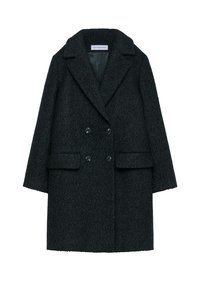 Cappotto doppiopetto in tessuto scuro textured, con reverse a lancia, due tasche frontali e bottoni neri.