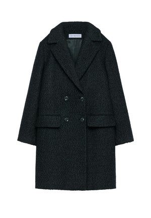 Manteau croisé en tissu texturé sombre, avec un col à revers, deux poches avant et des boutons noirs.