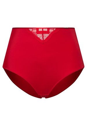 Hooggewaaid rode slip van gladde stof, met een kanten tailleband en een effen onderkant, ontworpen voor comfort en pasvorm.
