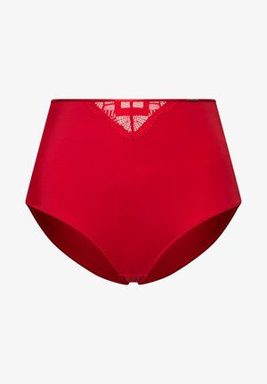 Vysoké červené kalhotky z hladké tkaniny, s krajkovým páskem a jednolitým spodním dílem, navržené pro pohodlí a dokonalý střih.