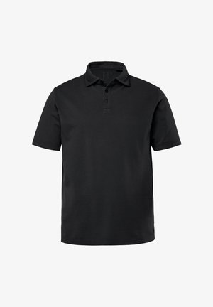 Zwarte polo shirt gemaakt van stof met een gestructureerd oppervlak. Bevat een kraag, knoopsluiting en korte mouwen. Eenvoudig ontwerp zonder patronen.