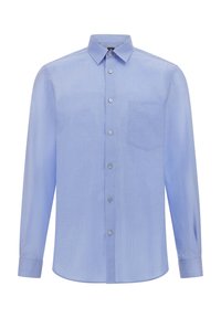 Camicia button-up azzurro chiaro con righe bianche verticali, una tasca sul petto e maniche lunghe. Presenta un colletto classico e un orlo arrotondato.
