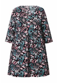 Robe noire avec un motif paisley et floral en teal, rose et blanc. Dotée de manches trois-quarts et d'un décolleté en V.
