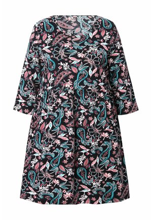 Sorte kjole med et paisley- og blomstermønster i teal, pink og hvid. Har trekvartærmer og en V-udskæring.