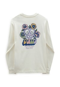 Krämfarbendes Langarmshirt mit buntem Blumen- und Friedenssymboldesign, zwei Vögeln, „Vans“-Markenlogo und dem Text „Friedliche Glückseligkeit seit 1966“ auf der Rückseite.