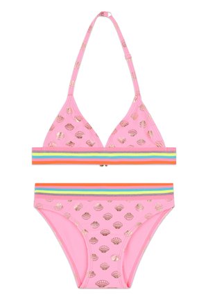 Ensemble de bikini rose comprenant un haut triangulaire et un bas assorti, orné de motifs en coquillage doré et d'accents à rayures arc-en-ciel sur les bandes.