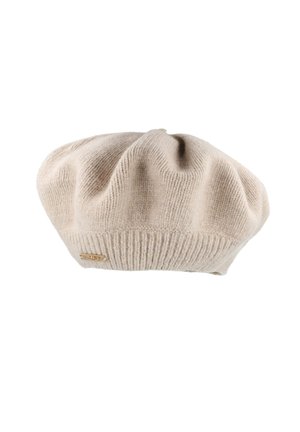 Beige wool beret with a ribbed band, featuring a gathered top and subtle texture. Includes a small metallic logo accent on the band.
