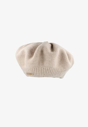 Beige wool beret with a ribbed band, featuring a gathered top and subtle texture. Includes a small metallic logo accent on the band.