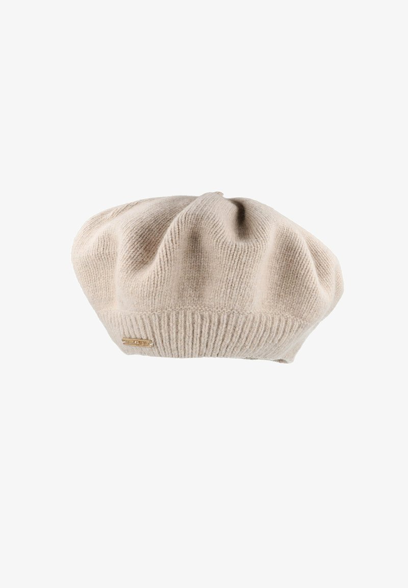 Beige wool beret with a ribbed band, featuring a gathered top and subtle texture. Includes a small metallic logo accent on the band.