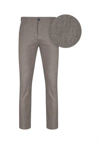 Szare spodnie o dopasowanym kroju, wykonane z teksturowanej tkaniny, z zapięciem na guzik i slim fit. Zawiera zbliżenie wzoru tkaniny.