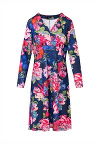 Blumenmusterkleid mit langen Ärmeln, navyfarbenem Hintergrund, lebhaften pinken und grünen Blumen, V-Ausschnitt und leicht ausgestelltem Saum. Glatte Stofftextur.
