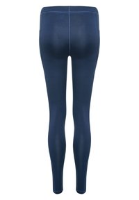 Mörkblå leggings, tillverkade av ett elastiskt tyg, med en slät yta och en kroppsnära design med en midjeband som slutar vid vadmusklerna.