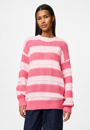 Knitted sweater in pink and light pink stripes, featuring a round neckline, long sleeves, and ribbed cuffs and hem. Made with soft fabric.