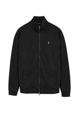 Chaqueta negra con cremallera completa, cuello, puños y dobladillo acanalados, dos bolsillos laterales y un pequeño logo blanco de golfista en el pecho izquierdo.