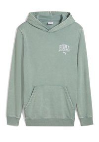 Sudadera color verde menta hecha de tela suave. Cuenta con un bolsillo frontal, puños acanalados y una capucha. Tiene un texto de logo en blanco en la parte superior izquierda.