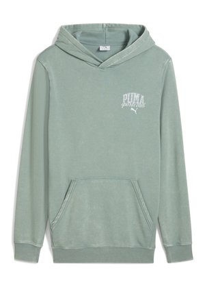 Mint green hoodie made of soft fabric. Features a front pocket, ribbed cuffs, and a hood. Contains a white logo text on the upper left.