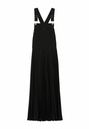 Vestido de tirantes negro hecho de una tela texturada. Presenta una falda con plisados, tirantes ajustables y bolsillos frontales. Diseño clásico y versátil.