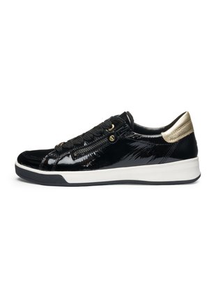 Black shiny sneaker with thick white sole, gold heel accent, black laces, and side zipper detail, viewed from the outer side.