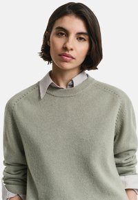Giovane donna con capelli corti e scuri che indossa un maglione leggero grigio sopra una camicia a righe con colletto, su uno sfondo bianco uniforme.