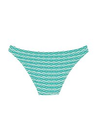 Braguitas de bikini turquesa con un patrón de diamantes y acentos blancos. El material parece suave y tiene un corte bajo.