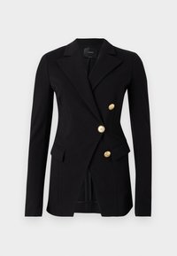 Zwarte blazer van gladde stof met een getailleerde pasvorm, met een dubbele knoopsluiting en knopen in goudkleur. Inclusief zijzakken.