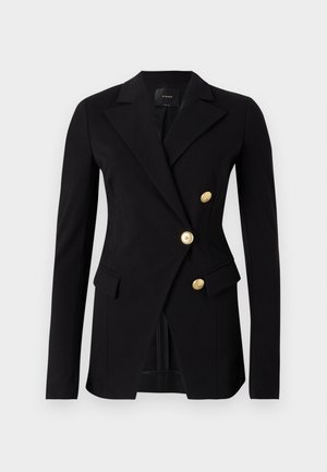 Blazer noir en tissu lisse avec une coupe ajustée, présentant un design double boutonnage et des boutons dorés. Inclut des poches latérales.