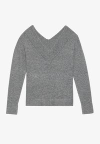 Maglione grigio a maglia con scollo a V, colletto e polsini a coste. Tessuto morbido, maniche lunghe e orlo aderente dettagliato sul retro.