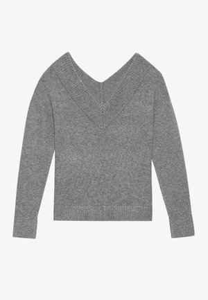 Grå strikket genser med v-hals, ribbestrikket krage og mansjetter. Myk tekstur, lange ermer og en tettsittende nederkant med detaljer bak.